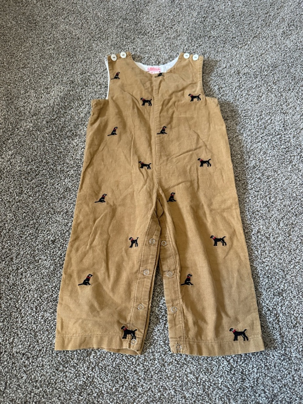 Embroidered Dog Tan Corduroy Kids Overalls